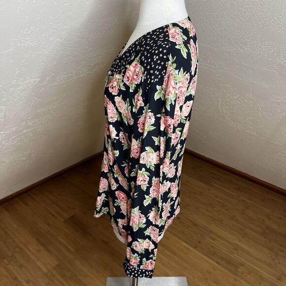 VTG Carol Little Button Down Top Womens 12 Black Pink Floral Beaded Notch Collar - Picture 9 of 10
